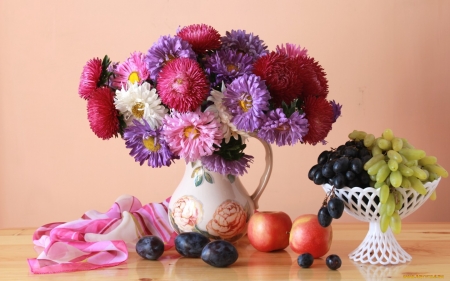 still life - grapes, apples, still life, asters