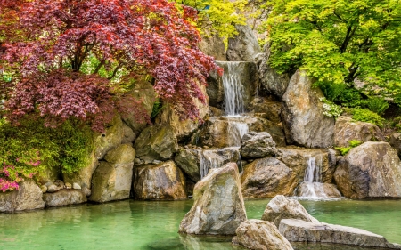 Autumn Waterfall - fall, autumn, trees, water, park, pond