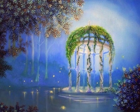 Lights in the Garden - summer, attractions in dreams, paintings, fireflies, fantasy, lights, garden, gazebo, love four seasons