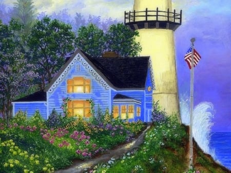 Lighthouse Lookout - oceans, attractions in dreams, summer, paintings, garden, lighthouses, houses, love four seasons