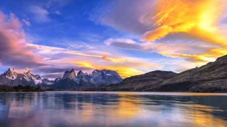 Lake - clouds, sunset, water, landscape, lake, mountain, sky