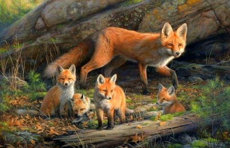 Fox Venturing Out - autumn, forests, animals, foxes, love four seasons, leaves, family, paintings, colors, fall season