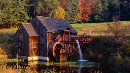 Gristmill at Guilford, Vermont - watermill, trees, water, pond, mill, forest