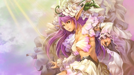 Fairy - anime, girl, flower, elf, manga, fantasy, white, purple, fairy, luminos