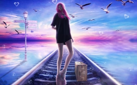 Love, Faith, Dream, Hope - girl, road, fantasy, bird, trail, pink, blue, luminos, anime, luna, manga