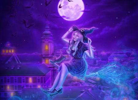 Witch - moon, bat, blue, girl, night, pink, cat, witch, fantasy, pisica, t, purple, woman, halloween, luminos, luna