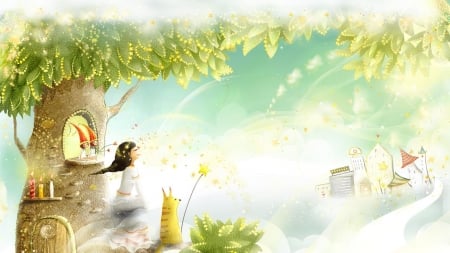 Tree of magical surprises - girl, cat, fantasy, pisica, draw, blue, green, tree, texture