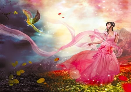 Girl and bird of paradise - pretty, bird of paradise, beautiful, serene, girl, pink, fantasy, digital, woman, art, asian