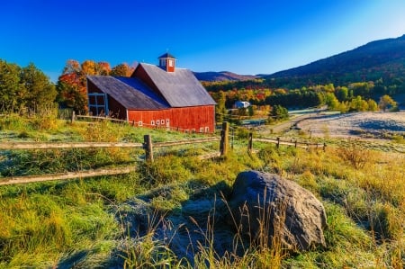 Autumn in Vermont - autumn, sky, landscape, mountain, peaceful, countryside, foliage, village, fall, beautiful, vermont, colors, grass