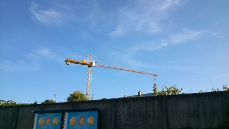 Construction - photograph, construction crane, snapshot, photo, wall, blue sky, yellow, constructing, construction vehicle, smily, blue, sky, crane, photography