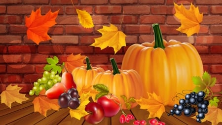 Season of Harvest - pumpkins, brick, harvest, leaves, fall, grapes, apples, Firefox Persona theme, autumn, pears