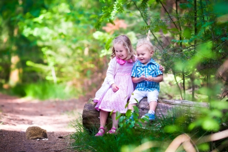 A lovely visit - hedgehog, children, pink, copil, animal, arici, green, cute, couple