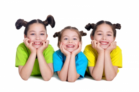 Smile! - mood, yellow, blue, girl, children, copil, happy, smile, white, green, trio