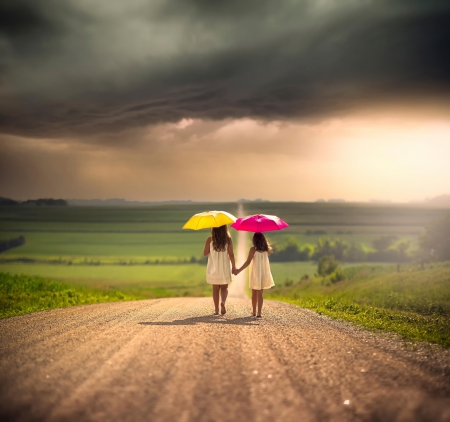 Friends - children, couple, yellow, girl, pink, umbrella, copil, storm