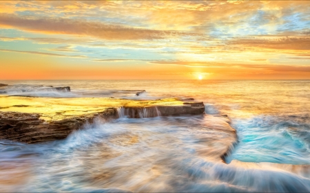 Coastal Sunset - sea, colors, rocks, sun, sky