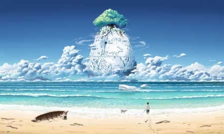 The tree - inoki, water, summer, blue, beach, sea, tree, white, green, cloud, vara, sky