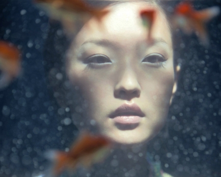 Beauty - woman, face, girl, aquarium, water, fish, asian, model