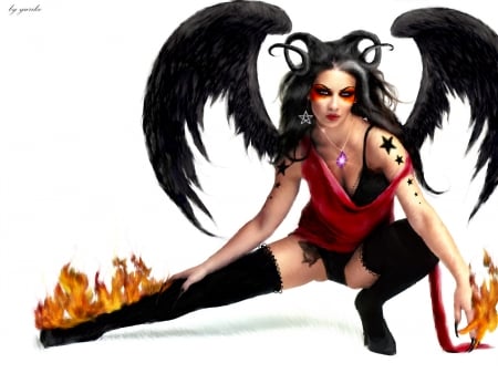 Demoness - girl, wings, black, fire, fantasy, horns, white, red, demon