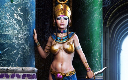 Cleopatra - beauty, game, egypt, girl, cleopatra, fantasy, golden, luminos, woman, knife, green