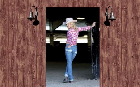 Inside Her Barn.. - style, girls, western, women, models, hats, ranch, outdoors, lamps, cowgirl, door, fun, female, barn, blondes, fashion