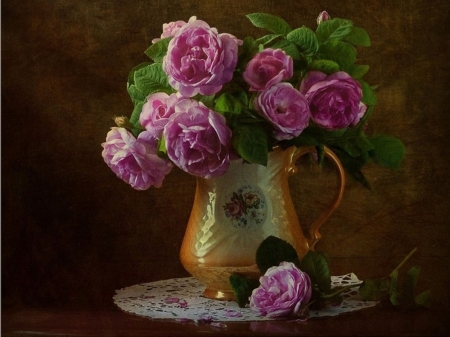 ROSES - flowers, vase, still life, petals