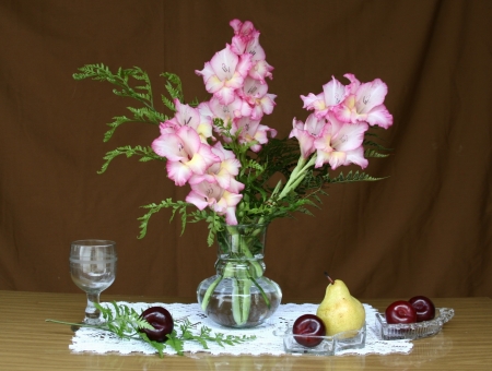 GLADIOLUS - flowers, vase, colors, fruit