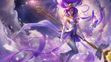 Janna - realistic, sky, female, hot, magic, video game, fantasy, purple, game, lol, cloud, ribbon, sexy, girl, long hair, purple hair, league of legands, cg, hd