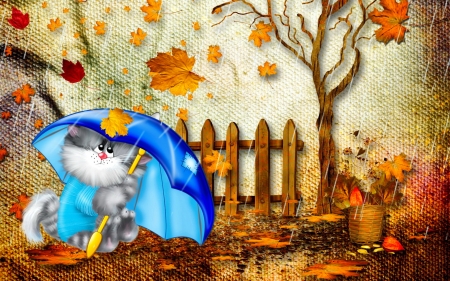 Autumn cat - fence, leaves, cat, fall, umbrella, funny, autumn, rain, foliage, kitty