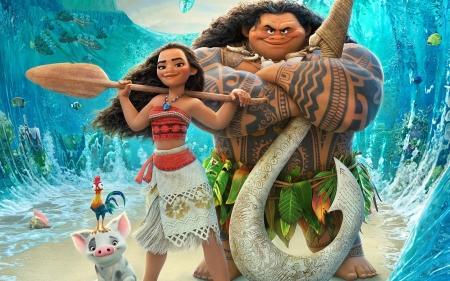 Moana (2016) - couple, movie, girl, piglet, animation, rooster, blue, man, disney, animal, moana, cute