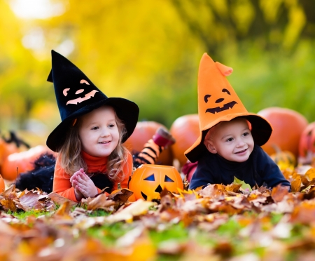 Happy Halloween! - hat, children, pumpkin, copil, orange, witch, autumn, green, halloween, couple