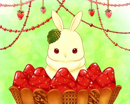 Strawberry Tart - pretty, rabbit, strawberry, kawaii, food, lovely, bunny, sweet, animal, red, green, cute, tart, adorable, nice