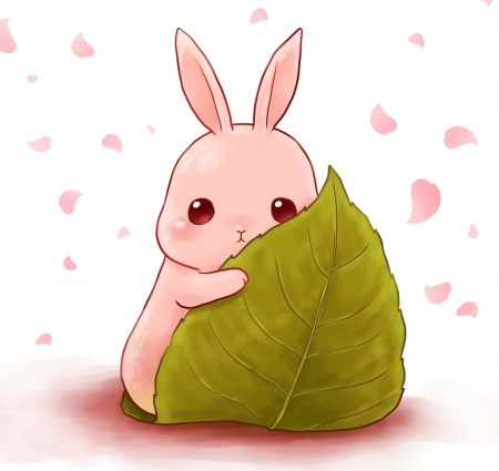 Sakura - nice, adorable, leave, leaf, bunny, lovely, rabbit, kawaii, pretty, pink, petals, green, sweet, cute