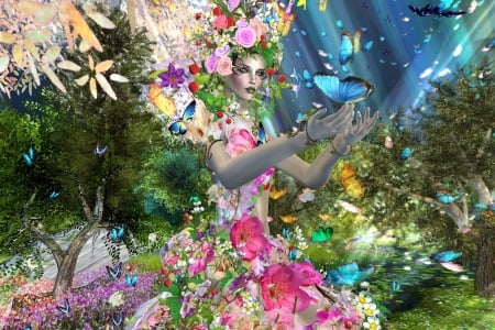 Summer - flower, rendering, pink, girl, blue, fantasy, butterfly, hand, luminos, woman, green