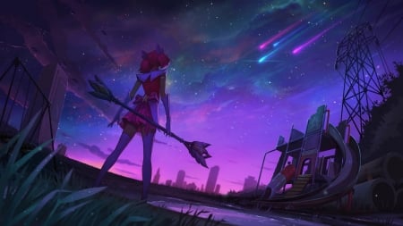 You are not alone - anime, Lux, league of legends, star guardian, lol, stars, skins, magical girl, night sky, pink hair