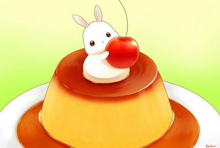 Bunny cherrycake - cherry, bunny, fruit, rabbit, yellow, red, daikichi, anime, cute, manga