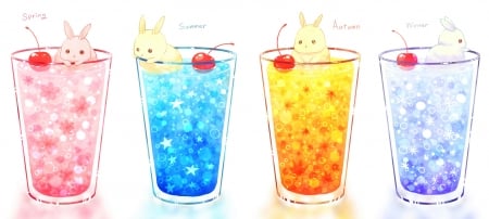 Bunny drinks - rabbit, anime, drinks, yellow, summer, blue, cherry, daikichi, pink, bunny, manga, white, fruit, cute, vara, glass