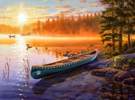 Fire Lake - attractions in dreams, autumn, forests, nature, lakes, love four seasons, sunsets, paintings, colors, canoe, fall season