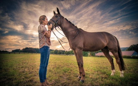 Kiss - cowgirl, animal, woman, green, model, girl, kiss, horse