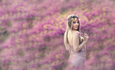 Beauty - summer, girl, flower, pink, alessandro di cicco, wreath, woman, model, field, vara