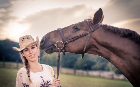 Kiss - horse, animal, kiss, model, hat, girl, woman