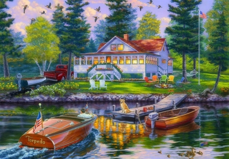 Lakeside Holiday - summer, attractions in dreams, paintings, dog, lakeside, colors, family, boats, nature, cottages, lakes, love four seasons, houses