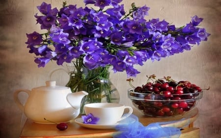 Still life - purple, tea cup, flowers, cherie, still life