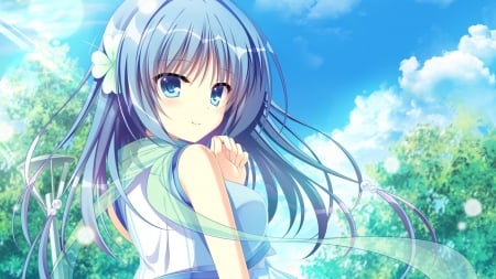 My Girl - pretty, anime, kawaii, female, blue, dress, plant, long hair, blue hair, ribbon, hd, nice, sky, anime girl, beautiful, girl, sundress, beauty, lovely, sweet, tree, white, green, cloud, cute, adorable