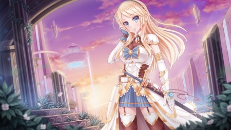 My Knight - nice, beauty, sky, female, knight, blond, anime girl, blade, armor, pretty, cloud, blonde hair, anime, sword, scene, scenic, girl, landscape, warrior, long hair, lovely, beautiful, weapon, sweet, blonde