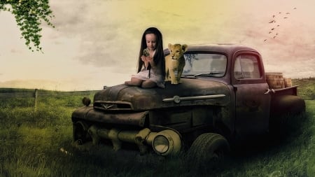 Little owl - owl girl, creative, copil, child, fantasy, retro, car, vintage, old, cute, situation, little, lion