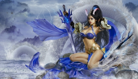 Queen of the Seas - clouds, pretty, warrior, blue, queen, beautiful, cosplay, girl, fantasy, dragon, digital, woman, art, asian