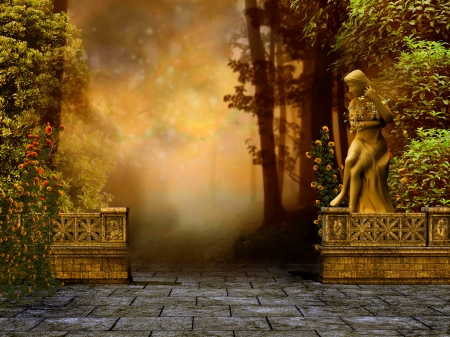 Castle monument - magic, beautiful, flowers, fantasy, mist, garden, enchanted, castle, statue