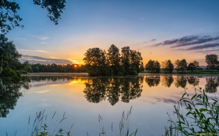 Sunset by the Lake - lake, trees, sunset, evening