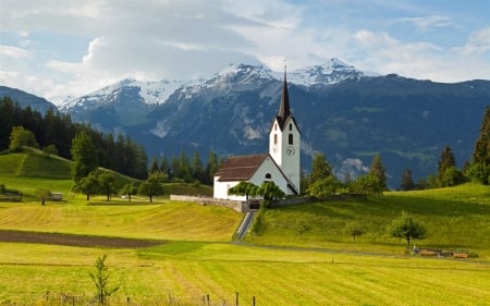 Church in the Mountains - trees, grass, field, mountains, church