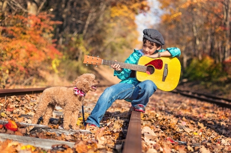 Autumn song - yellow, dog, copil, orange, child, boy, guitar, autumn, cute, caine, puppy, leaf